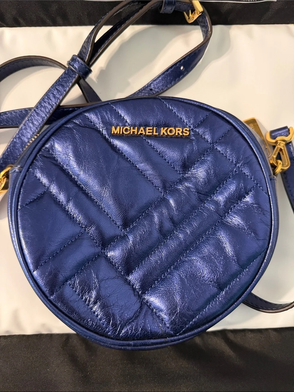 Michael Kors Quilted Round Crossbody in Navy with Gold Hardware
